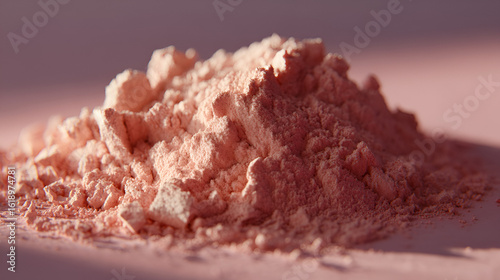 Pile of blush powder close-up on a soft pink backdrop in warm, diffused lighting creating a soft, inviting feel.