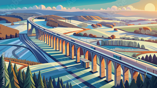 In an aerial view above the west side of the Corby Viaduct on the outskirts of Corby, Northampton, UK on a bright winter’s day, frosty fields stretch beyond. Semi-realistic textures capture stillness,