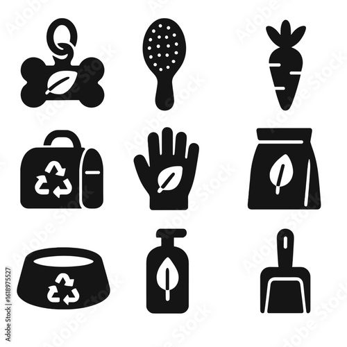 Sustainable Pet Icons. Solid style icons of sustainable pet brands: eco leash tag, bamboo brush, plant-based toy, upcycled carrier