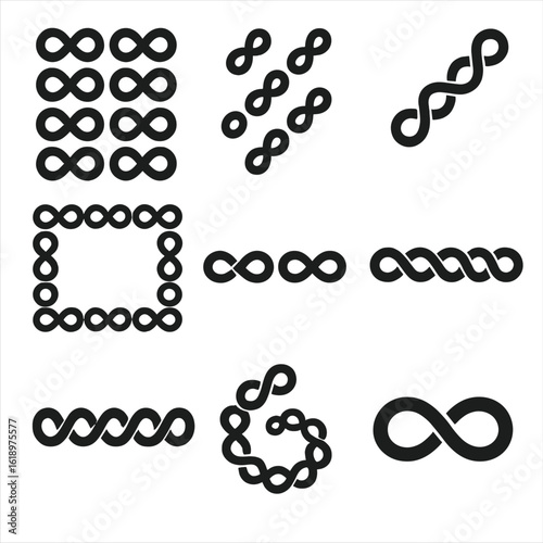 Creative Infinity Arrangements. Solid style icons of creative infinity arrangements: infinity symbols forming square grid,