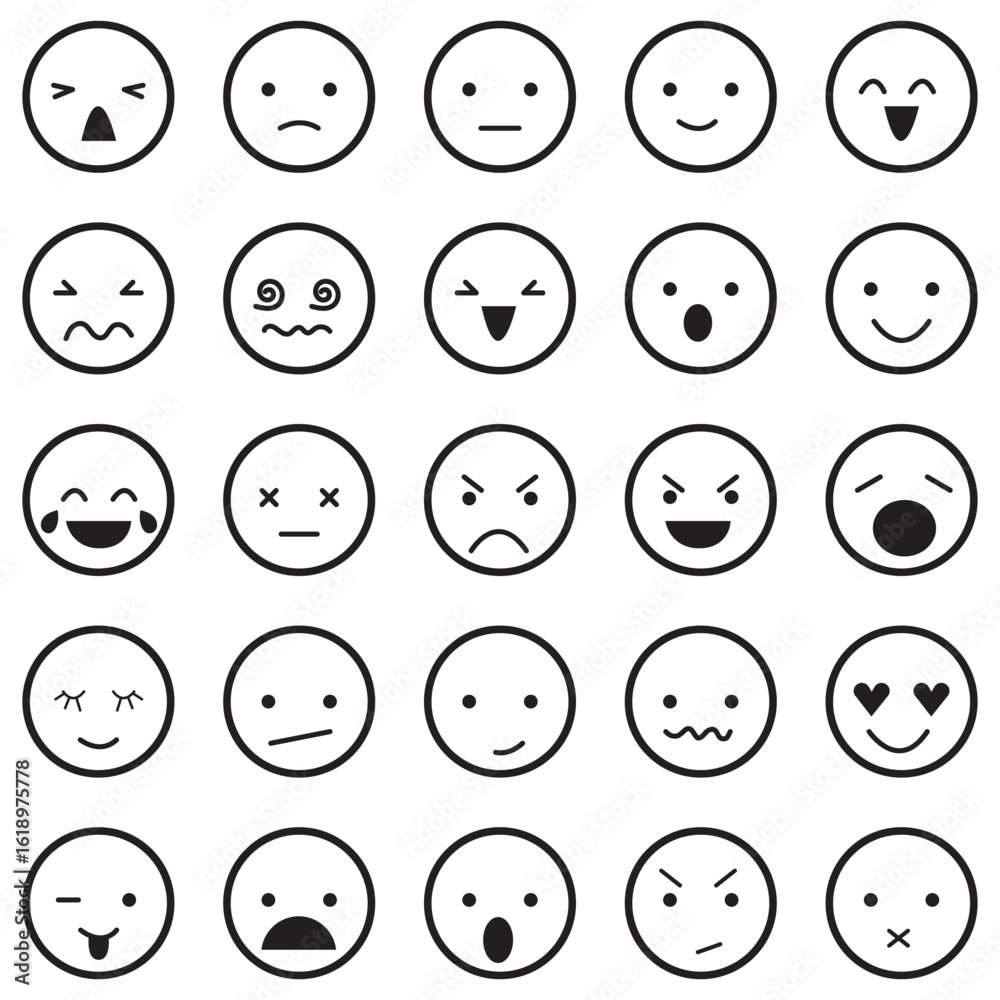 Emoji icon set. Smiley, coolness, laughter, joy, nauseous, happy, mistake, shock, love of money, loving, excited, wink, sleep, crying, angry, shame. Emotion sign. Vector illustration. Editable stroke. Emoji icon set. Smiley, coolness, laughter, joy, nauseous, happy, mistake, shock, love of money, loving, excited, wink, sleep, crying, angry, shame. Emotion sign. Vector illustration. Editable stroke.