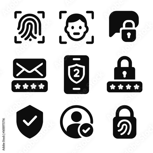 Payment Authentication Icons. Solid style icons of payment authentication: fingerprint scanner, face ID icon, SMS verification,