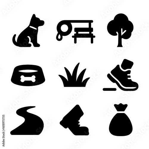 Park Dog Walk Icons. Solid, filled icon set of park dog walk: dog, leash, park bench, tree, dog bowl, grass, walking shoes, park