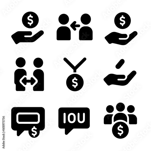 Peer-to-Peer Payment Icons. Solid style icons of peer-to-peer payments: send money icon, receive payment icon, person-to-person