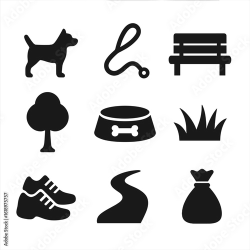 Park Dog Walk Icons. Solid, filled icon set of park dog walk: dog, leash, park bench, tree, dog bowl, grass, walking shoes, park