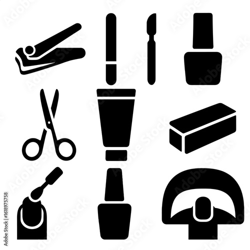 Nail Care Essentials Icons. Solid style icons of nail and hand care: nail clipper, nail file, cuticle pusher, nail polish bottle,