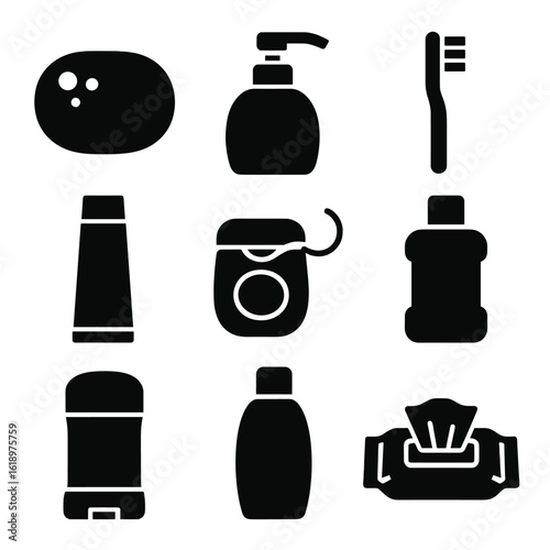Hygiene Icons Collection. Solid style icons of personal hygiene products: bar soap, liquid hand wash, toothbrush, toothpaste tube,