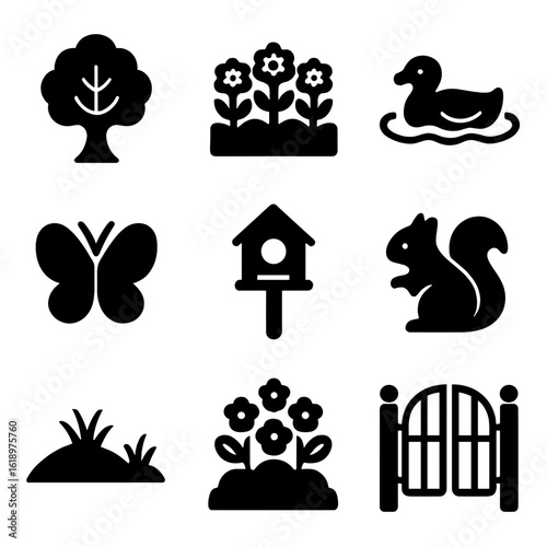 Park Nature Icons. Solid, filled icon set of park nature features: oak tree, flower bed, pond with duck, butterfly, birdhouse,