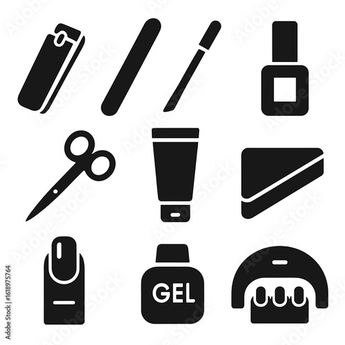 Nail Care Essentials Icons. Solid style icons of nail and hand care: nail clipper, nail file, cuticle pusher, nail polish bottle,