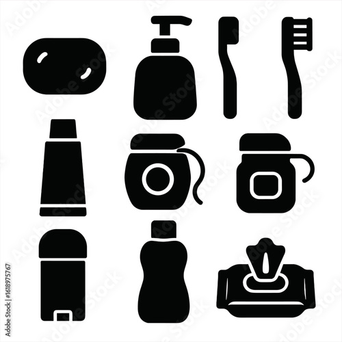 Hygiene Icons Collection. Solid style icons of personal hygiene products: bar soap, liquid hand wash, toothbrush, toothpaste tube,