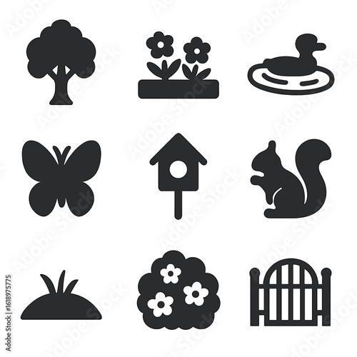 Park Nature Icons. Solid, filled icon set of park nature features: oak tree, flower bed, pond with duck, butterfly, birdhouse,