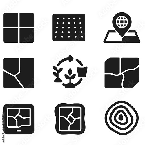 Field Icon Set. Solid style icons of field layout and mapping: top-view field grid, planting rows icon, boundary line marker, GPS