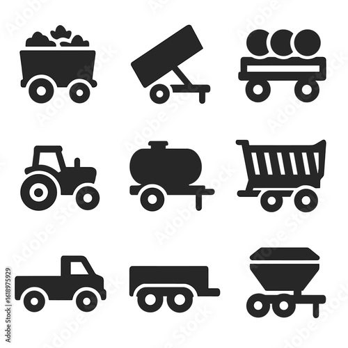 Field Transport Icons. Solid style icons of field transport and hauling: trailer with crops, tipping trailer, bale transporter,