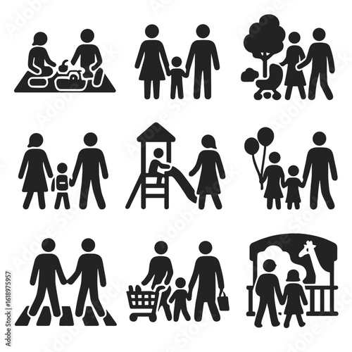 Family Outing Icons. Solid style icons of family outings and walks: family picnic, parents holding hands with children, stroller