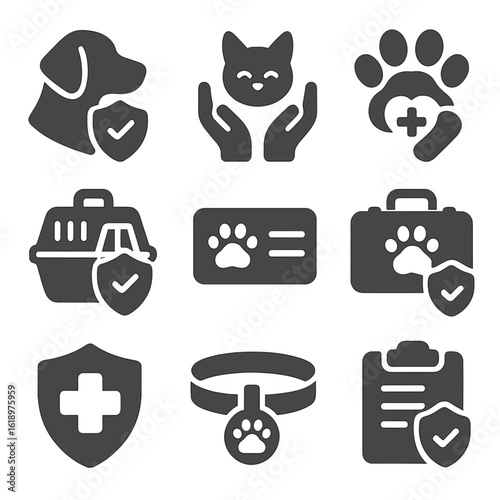 Pet Insurance Icons. Solid style icons of pet insurance and animal care: dog with shield, cat in hands, pet paw with heart and