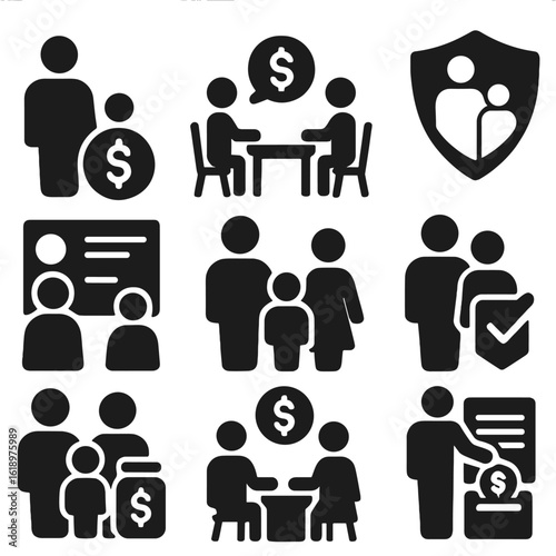 Family Finance Icons. Solid style icons of family financial involvement: parent and child with coin, financial planning discussion