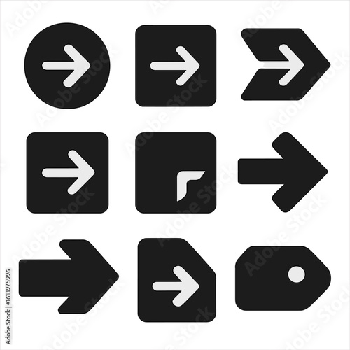 Solid Arrow Icons. Solid style icons of flat arrow badges and labels: arrow in badge circle, arrow inside square label, navigation