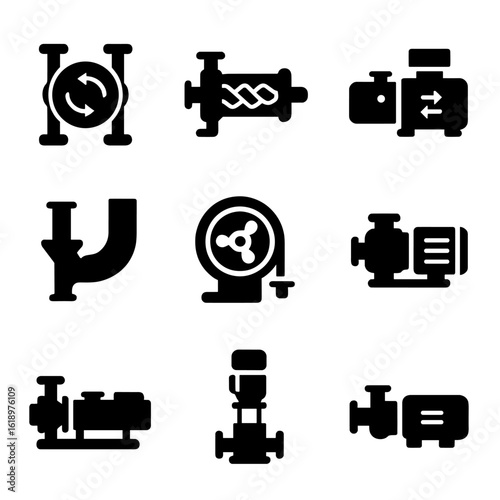 Industrial Pump Icons. Solid style icons of industrial pump equipment: diaphragm pump symbol, screw pump icon, gear pump diagram,