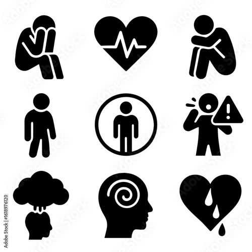 Emotional Distress Icons. Solid style icons of emotional pain and mental discomfort: crying with head in hands, anxious heartbeat