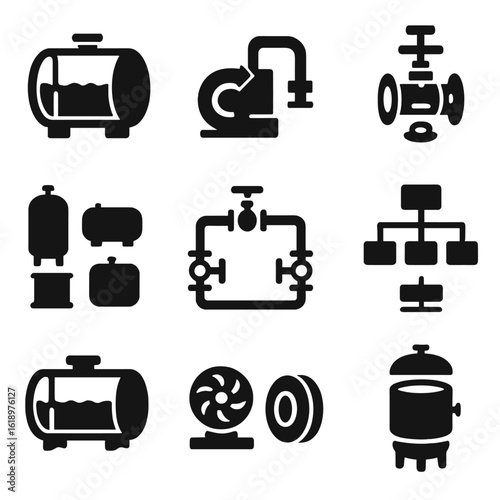 Iconic Tank Illustrations. Solid style icons of decorative and schematic tank illustrations: transparent tank cutaway, diagrammed