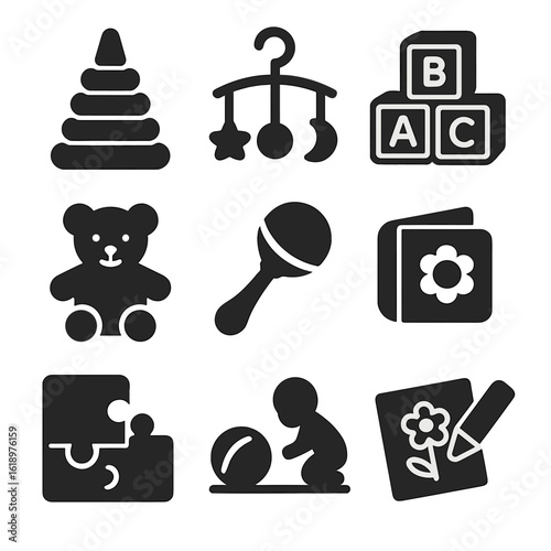 Early Learning Icons. Solid style icons of early learning and play: stacking toys icon, musical mobile, baby blocks, plush teddy
