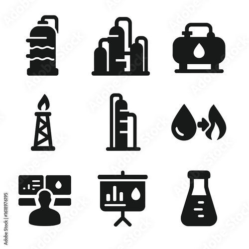 Oil Industry Icons. Solid style icons of oil industry processes: oil separation tower, refining unit icon, crude oil treatment