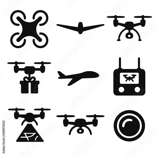 Drone Icons Collection. Solid style icons of drone and UAV categories: quadcopter silhouette, fixed-wing drone, VTOL drone