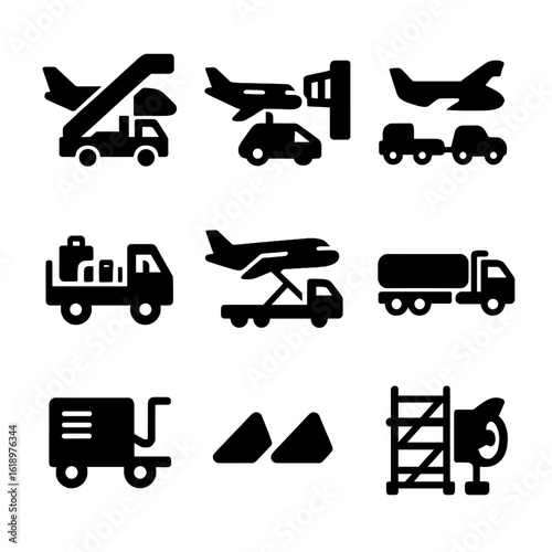 Airport Equipment Icons. Solid style icons of airport equipment with aircraft: boarding stairs with jet, baggage cart, jet bridge
