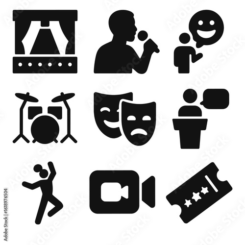 Performance Icons Collection. Solid style icons of live performance and events: stage with spotlight, singer with mic, stand-up