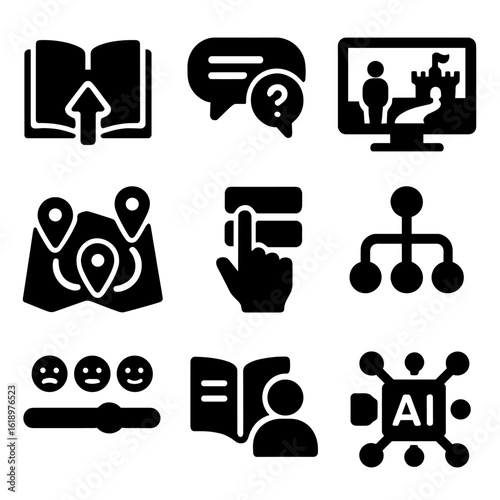 Interactive Story Icons. Solid style icons of interactive storytelling: choose-your-path book, dialogue decision bubble,