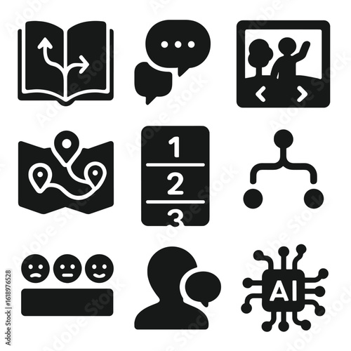 Interactive Story Icons. Solid style icons of interactive storytelling: choose-your-path book, dialogue decision bubble,