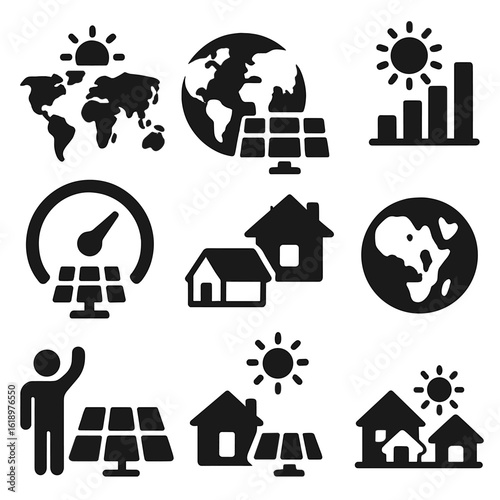 Global Solar Icons. Solid style icons of global solar energy: world map with solar rays, solar-powered continents, solar market