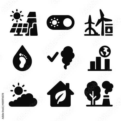 Clean vs Fossil Icons. Solid style icons of clean energy comparison: solar vs fossil fuel icon, clean energy switch, renewable vs