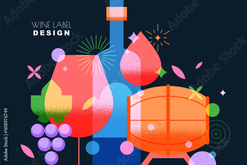 Vector illustration of wine bottle, glasses, grapes, barrel. Design for wine label, bar menu, winery branding, packaging