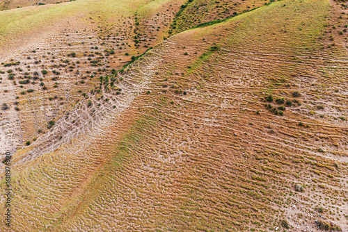 Photography Aerial view of desertification showing dry and cracked soil with sparse vegetati