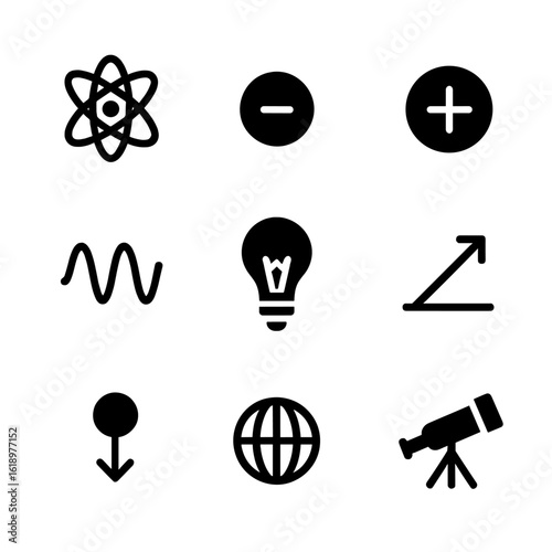 Physics Icons Grid. Solid, filled icon set of Physics: atom, electron, neutron, proton, light bulb, wave, force, gravitational
