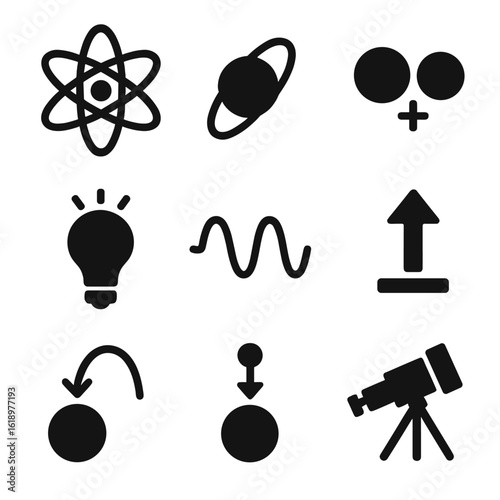 Physics Icons Grid. Solid, filled icon set of Physics: atom, electron, neutron, proton, light bulb, wave, force, gravitational