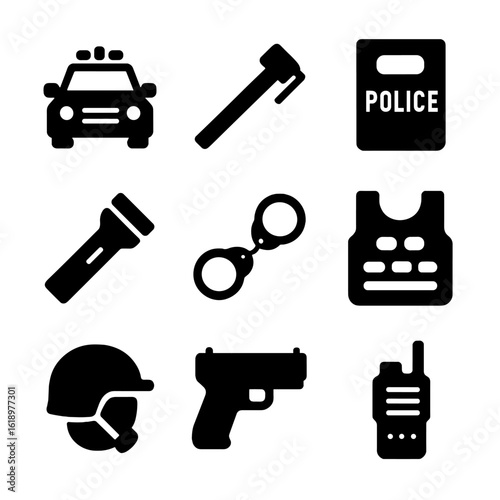 Police Raid Equipment Icons. Solid, filled icon set of police raid equipment: police car, battering ram, shield, flashlight,