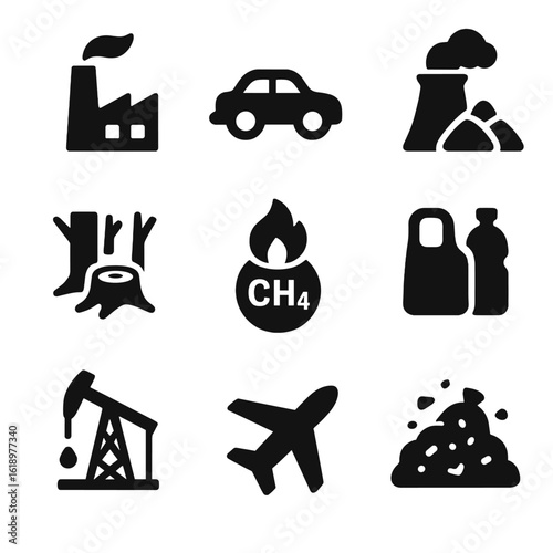 Icons of Pollution Sources. Solid, filled icon set of human impact sources: factory smokestack, car exhaust, coal power plant,