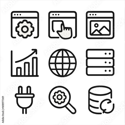 Portfolio Tools Icons. Solid, filled icon set of portfolio tools and platforms: CMS, drag-and-drop builder, template, analytics,