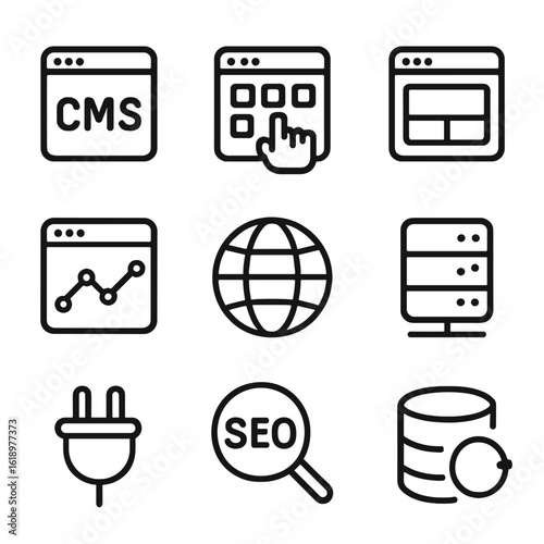 Portfolio Tools Icons. Solid, filled icon set of portfolio tools and platforms: CMS, drag-and-drop builder, template, analytics,