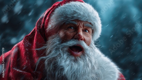 Santa Claus shouting joyfully in snowy winter weather