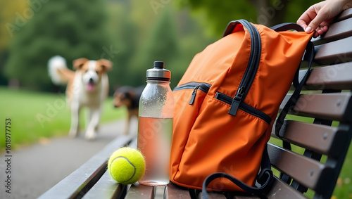Fototapeta Naklejka Na Ścianę i Meble -  Orange backpack on a park bench with a water bottle and tennis ball. Dogs playing in the background.