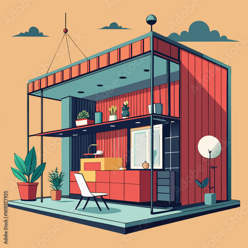 Modern Shipping Container Home, Container house, Container custom home design Plan with Interior Furnishings, Detailed Vector Illustration in Top View for Architectural and Real Estate Design