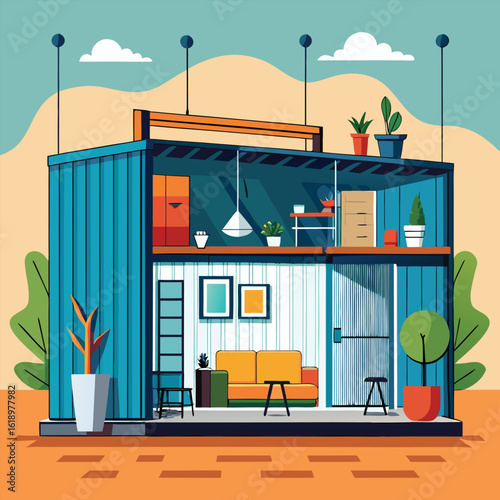 Modern Shipping Container Home, Container house, Container custom home design Plan with Interior Furnishings, Detailed Vector Illustration in Top View for Architectural and Real Estate Design