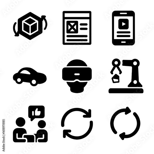 Prototyping Tools Icons. Solid, filled icon set of prototyping tools and methods: 3D modeling, wireframe, mockup, user interface,
