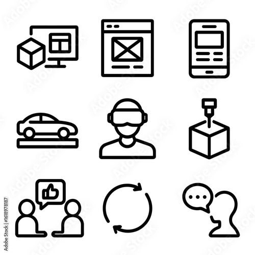 Prototyping Tools Icons. Solid, filled icon set of prototyping tools and methods: 3D modeling, wireframe, mockup, user interface,