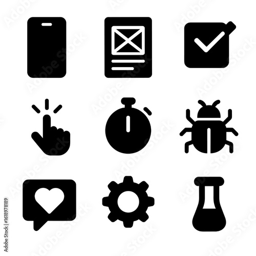 Prototyping Icon Set. Solid, filled icon set of prototyping and testing: mobile device, prototype screen, checkbox, click cursor,