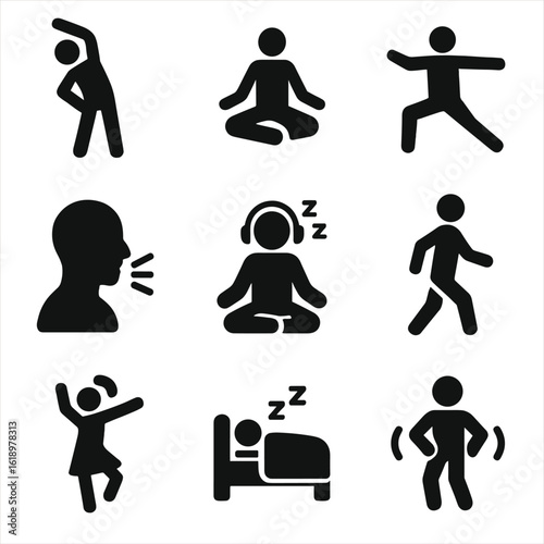 Relaxation Exercise Icons. Solid, filled icon set of relaxation exercises: stretching, yoga pose, tai chi, breathing exercise,