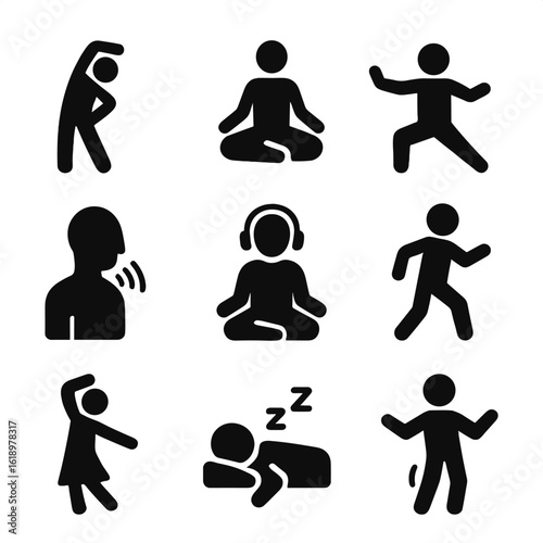 Relaxation Exercise Icons. Solid, filled icon set of relaxation exercises: stretching, yoga pose, tai chi, breathing exercise,